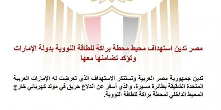 مصر تدين استهداف محيط محطة براكة للطاقة النووية بالإمارات وتؤكد تضامنها معها