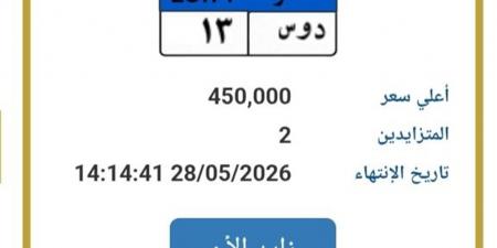 "دوس 13".. لوحة تشعل مزاد المرور وسعرها يصل لـ450 ألف جنيه