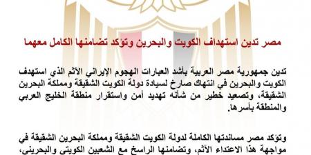 مصر تدين استهداف الكويت والبحرين وتؤكد تضامنها الكامل معهما