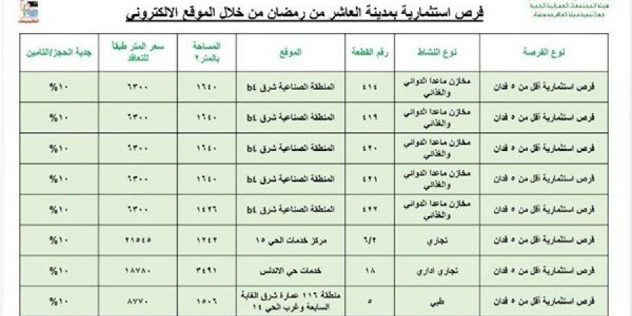 فرص استثمارية جديدة بالعاشر من رمضان