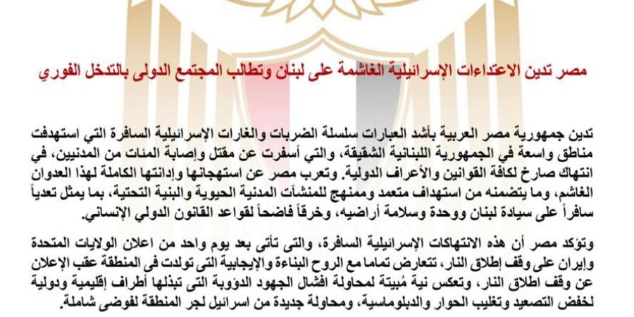 مصر تدين الاعتداءات الإسرائيلية الغاشمة على لبنان وتطالب المجتمع الدولى بالتدخل الفوري