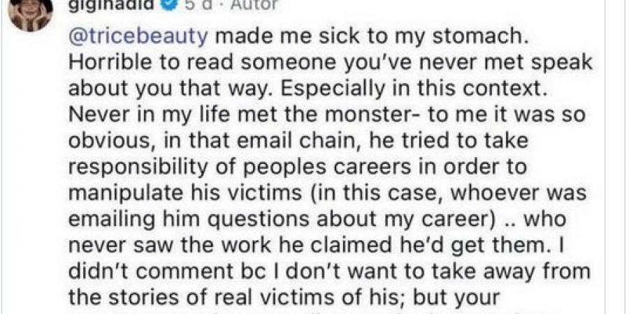 غضب وتصريحات نارية.. جيجي حديد تكشف حقيقة علاقتها بجيفري إبستين