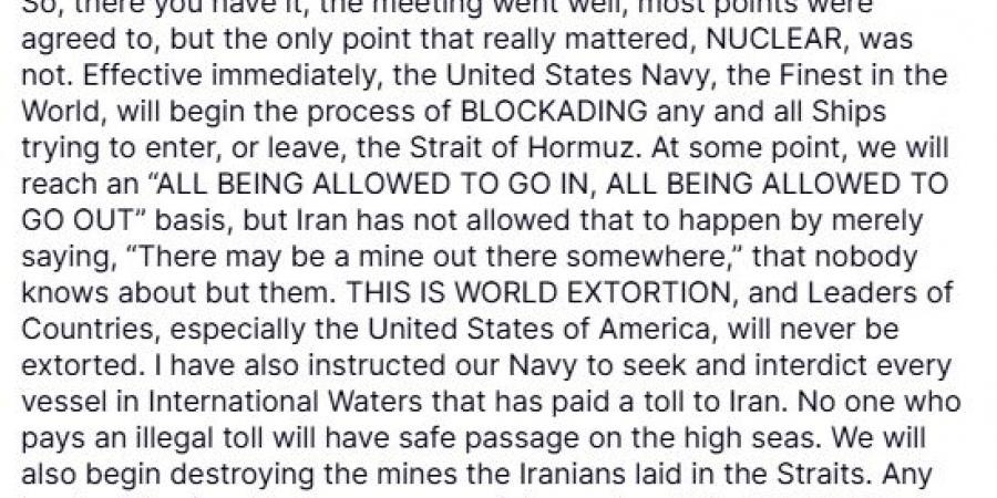 ترامب يعلن: استئئاف الحرب على إيران وحصار مضيق هرمز