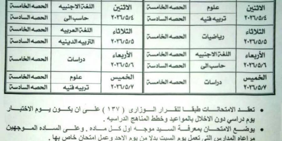 ننشر جدول امتحان شهر أبريل 2026 محافظة الدقهلية لصفوف النقل