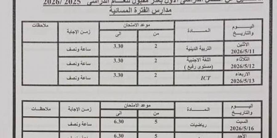 محافظ القاهرة يعتمد جدول امتحانات الفصل الدراسى الثانى 2025 - 2026