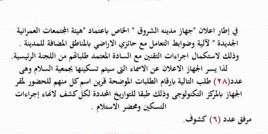 مواعيد تسكين حائزي الأراضي في مدينة الشروق.. بالاسماء