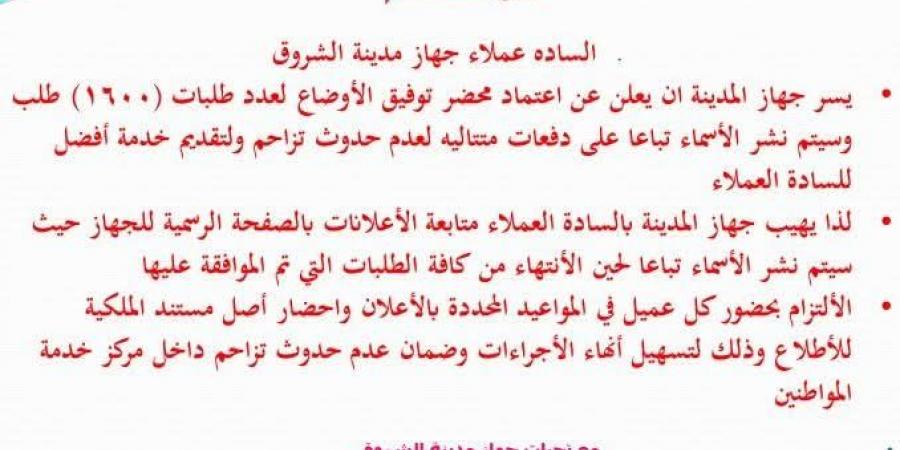 الشروق تعلن أكبر دفعة أسماء بملف تقنين الرابية قريباً