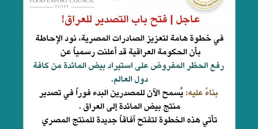مصر تستهدف تعزيز صادرات بيض المائدة بعد رفع الحظر العراقي